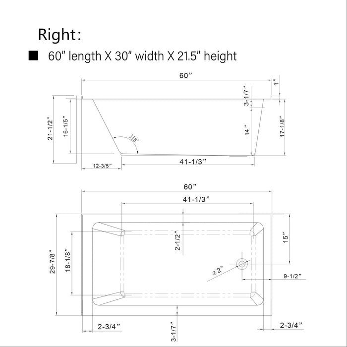 60" x 30" Alcove Soaking Acrylic Bathtub with 3 Side Tiling Flange - HomeBeyond