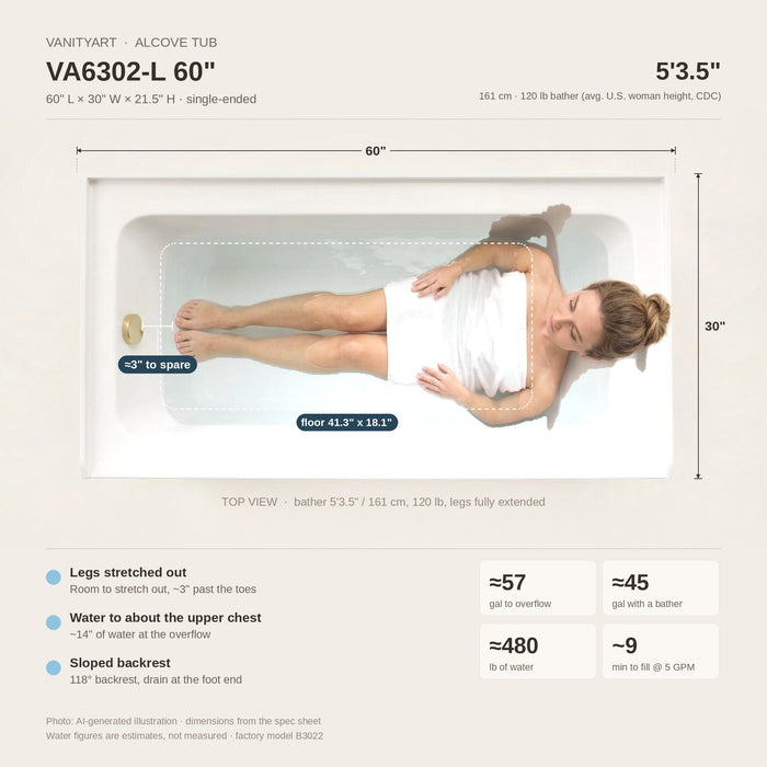 60" x 30" Modern Alcove Acrylic Soaking Bathtub with Apron Skirt, Tile Flange & Right Drain VA6302-LR - HomeBeyond