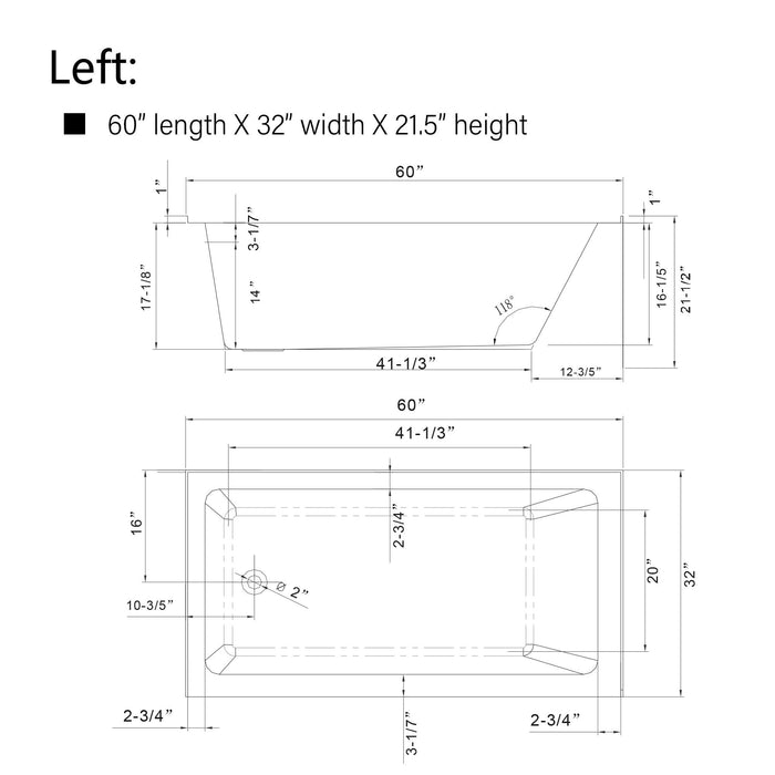 60" x 32" Alcove Soaking Acrylic Bathtub with 3 Side Tiling Flange - HomeBeyond