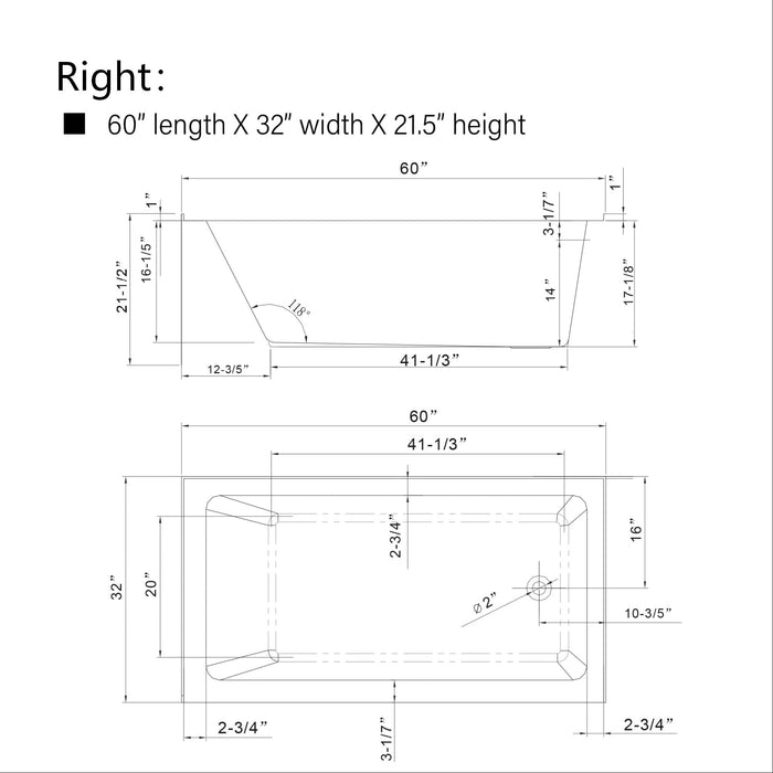 60" x 32" Alcove Soaking Acrylic Bathtub with 3 Side Tiling Flange - HomeBeyond