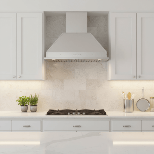 White painted range hood chimney with stainless insert above gas cooktop in all-white shaker cabinet kitchen