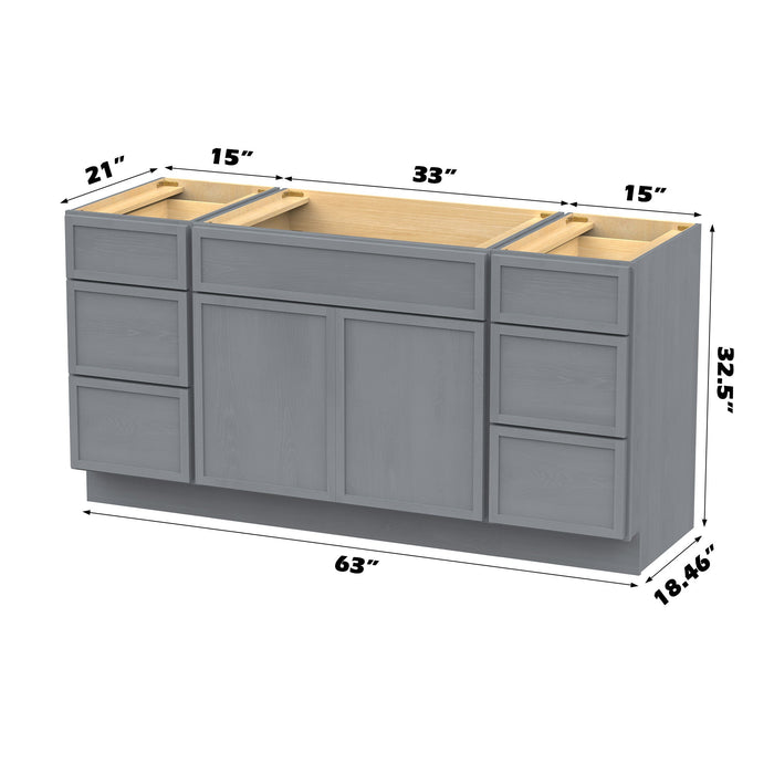 63" Modern Freestanding Birch & Plywood Bathroom Vanity Base Only – Shaker Style Storage Cabinet with 6 Drawers & 2 Doors VA41153-33-153 - HomeBeyond