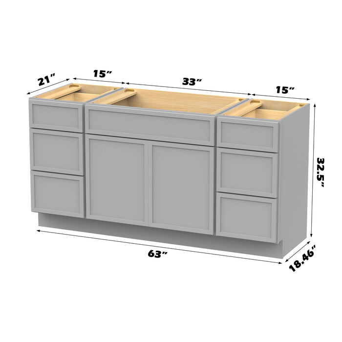 63" Modern Freestanding Birch & Plywood Bathroom Vanity Base Only – Shaker Style Storage Cabinet with 6 Drawers & 2 Doors VA41153-33-153 - HomeBeyond