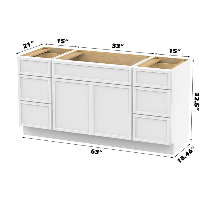 63" Modern Freestanding Birch & Plywood Bathroom Vanity Base Only – Shaker Style Storage Cabinet with 6 Drawers & 2 Doors VA41153-33-153 - HomeBeyond