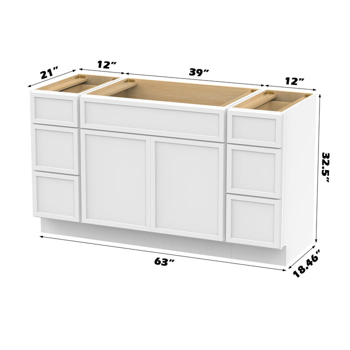 63" Modern Freestanding Birch & Plywood Bathroom Vanity Base Only – Shaker Style Storage Cabinet with 6 Drawers & 2 Soft-Closing Doors VA41123-39-123 - HomeBeyond
