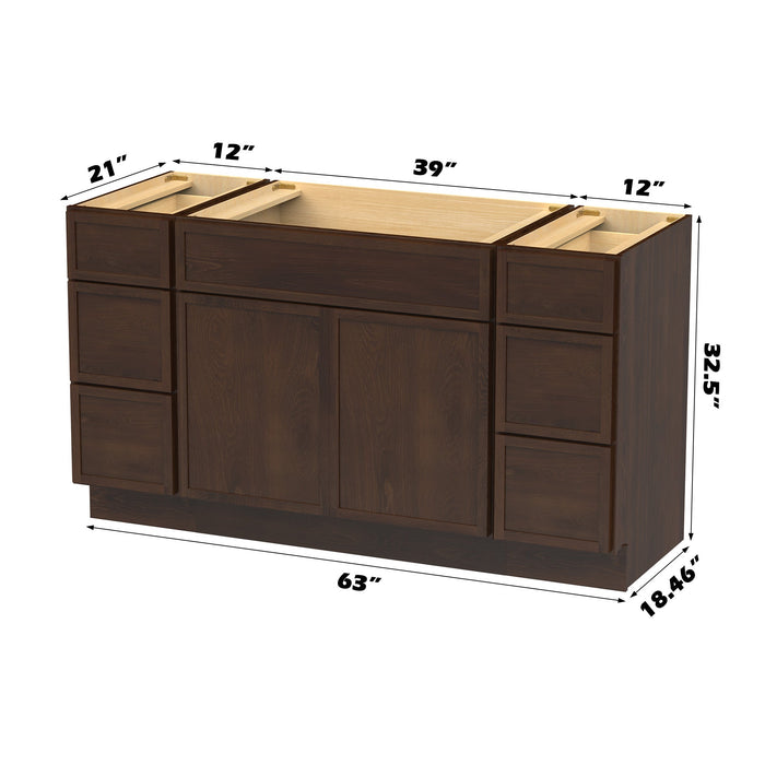 63" Modern Freestanding Birch & Plywood Bathroom Vanity Base Only – Shaker Style Storage Cabinet with 6 Drawers & 2 Soft-Closing Doors VA41123-39-123 - HomeBeyond