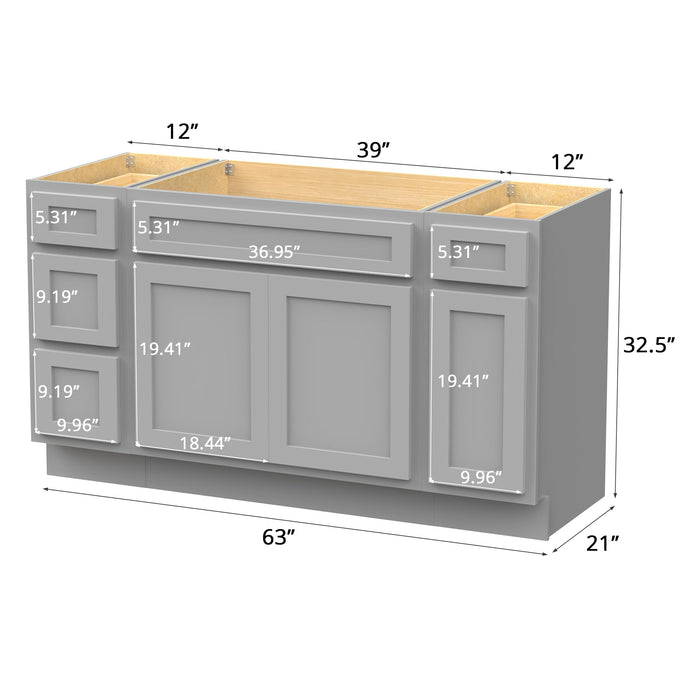 63" Modern Freestanding Oak Bathroom Vanity Base Only – Shaker Style Storage Cabinet with 4 Drawers & 3 Doors VA40123-39-121 - HomeBeyond