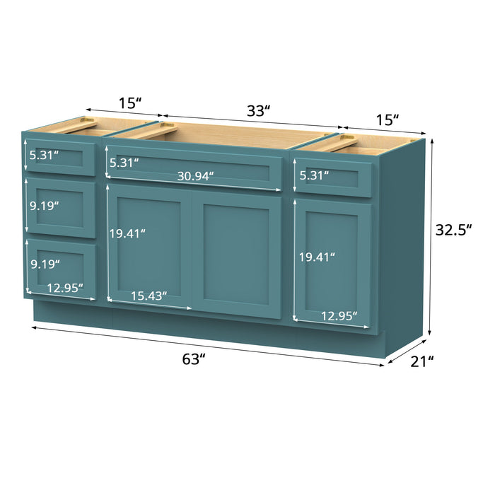 63" Modern Freestanding Oak Bathroom Vanity Base Only – Shaker Style Storage Cabinet with 4 Drawers & 3 Doors VA40153-33-151 - HomeBeyond