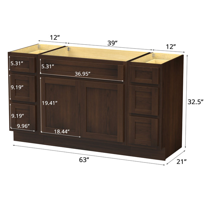63" Modern Freestanding Oak Bathroom Vanity Base Only – Shaker Style Storage Cabinet with 6 Drawers & 2 Doors VA40123-39-123 - HomeBeyond