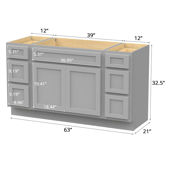 63" Modern Freestanding Oak Bathroom Vanity Base Only – Shaker Style Storage Cabinet with 6 Drawers & 2 Doors VA40123-39-123 - HomeBeyond