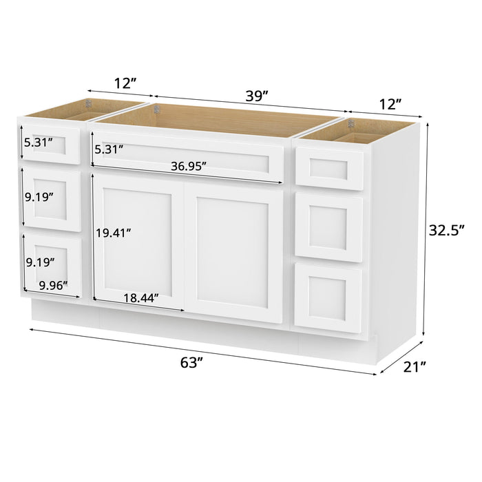 63" Modern Freestanding Oak Bathroom Vanity Base Only – Shaker Style Storage Cabinet with 6 Drawers & 2 Doors VA40123-39-123 - HomeBeyond