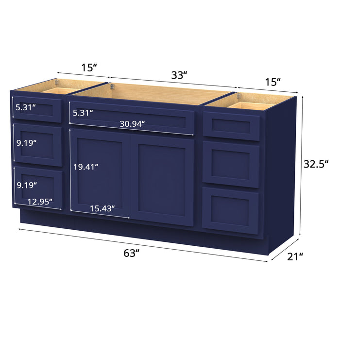 63" Modern Freestanding Oak Bathroom Vanity Base Only – Shaker Style Storage Cabinet with 6 Drawers & 2 Doors VA40153-33-153 - HomeBeyond