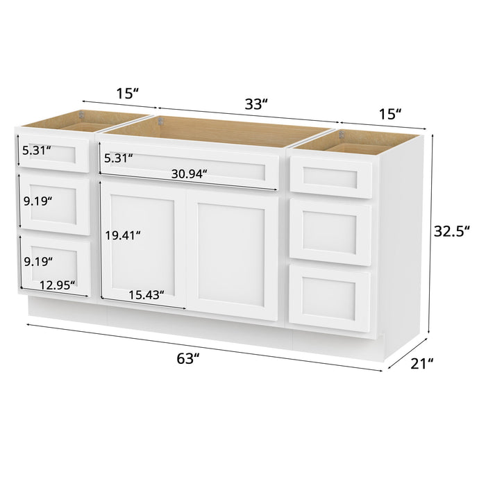 63" Modern Freestanding Oak Bathroom Vanity Base Only – Shaker Style Storage Cabinet with 6 Drawers & 2 Doors VA40153-33-153 - HomeBeyond