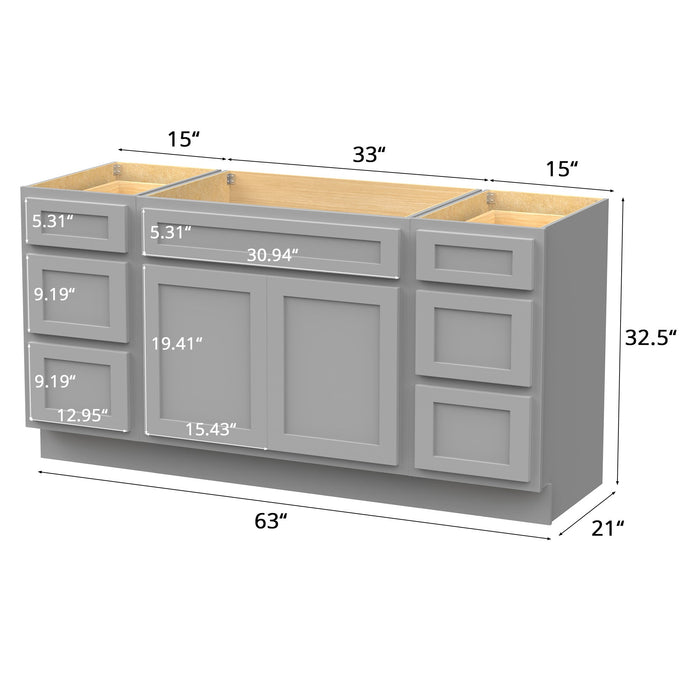 63" Modern Freestanding Oak Bathroom Vanity Base Only – Shaker Style Storage Cabinet with 6 Drawers & 2 Doors VA40153-33-153 - HomeBeyond