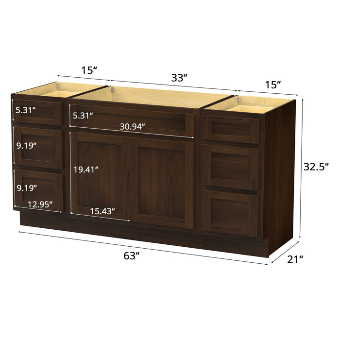 63" Modern Freestanding Oak Bathroom Vanity Base Only – Shaker Style Storage Cabinet with 6 Drawers & 2 Doors VA40153-33-153 - HomeBeyond
