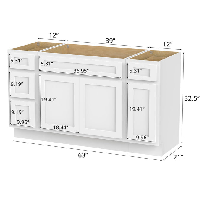 63" Oak Bathroom Vanity Cabinet without Top - 4 Drawers & 3 Doors - HomeBeyond