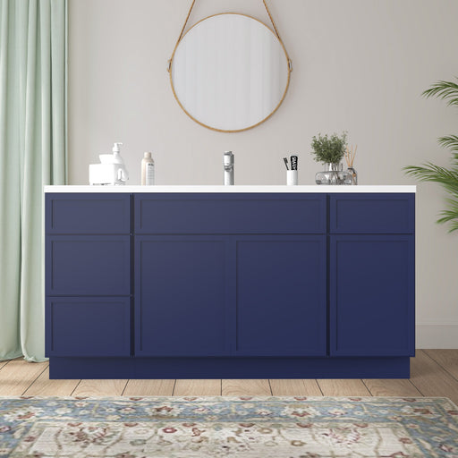 63 inch navy blue bathroom vanity cabinet front view in styled bathroom setting