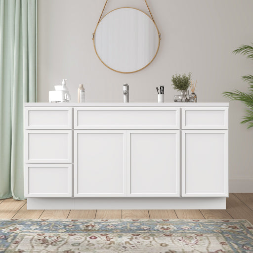 63 inch white bathroom vanity cabinet front view with 4 drawers 3 doors styled room