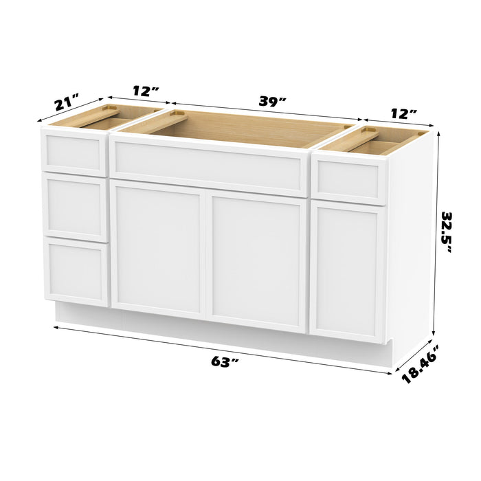63" Plywood Bathroom Vanity Cabinet without Top - 4 Drawers & 3 Doors - HomeBeyond