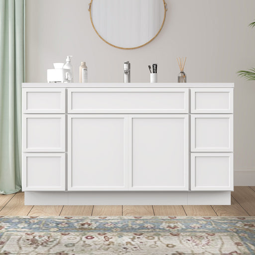 63-inch white bathroom vanity cabinet with 6 drawers and 2 doors, white countertop, front view in styled bathroom