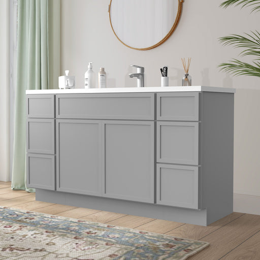 63-inch light gray bathroom vanity cabinet with 6 drawers and 2 doors, angled view with white sink top in bathroom
