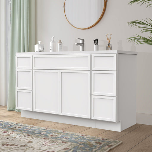 63-inch white bathroom vanity cabinet with 6 drawers and 2 doors, angled view with white sink top in bathroom
