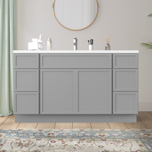 63-inch light gray bathroom vanity cabinet with 6 drawers and 2 doors, white countertop, front view in bathroom