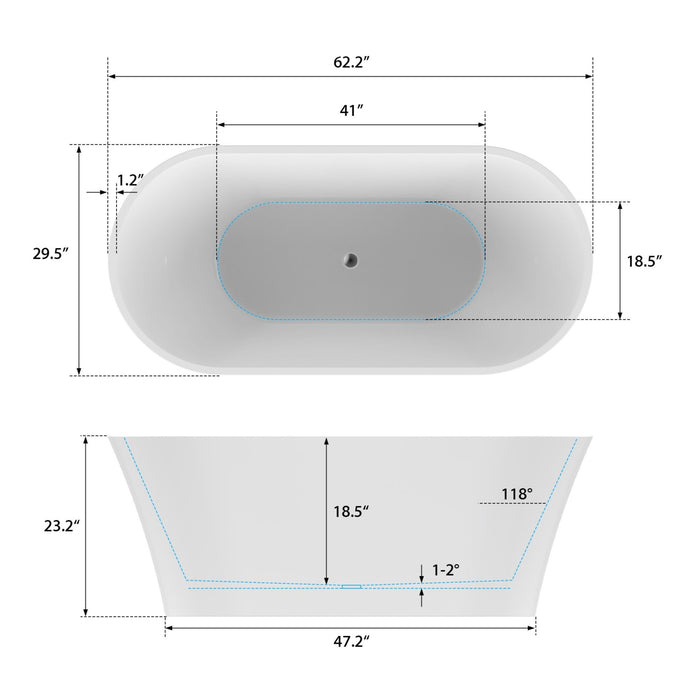 63" x 29.5" Freestanding Acrylic Bathtub, Modern Stand Alone Soaking Tub with Chrome Finish Easy to Install and Pop - up Drain - HomeBeyond
