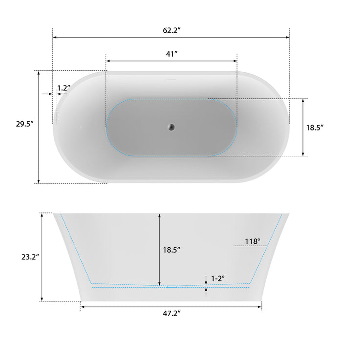 63" x 30" Modern Freestanding Acrylic Soaking Bathtub Glossy White Soaker Tub Chrome Pop Up Drain VA6809 - HomeBeyond