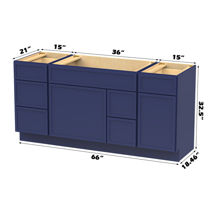 66" Modern Freestanding Birch & Plywood Bathroom Vanity Base Only – Shaker Style Storage Cabinet with 6 Drawers & 2 Soft-Closing Doors VA41153-362R-151 - HomeBeyond