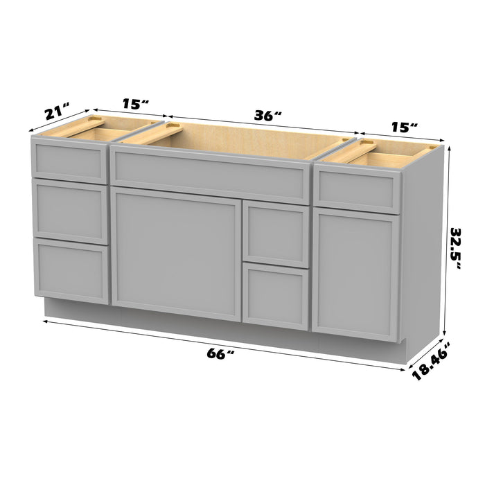 66" Modern Freestanding Birch & Plywood Bathroom Vanity Base Only – Shaker Style Storage Cabinet with 6 Drawers & 2 Soft-Closing Doors VA41153-362R-151 - HomeBeyond