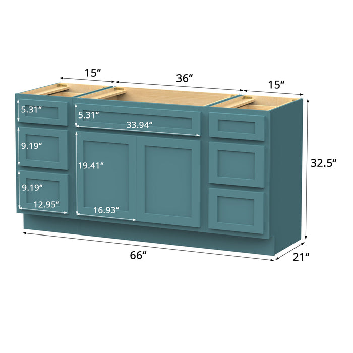 66" Modern Freestanding Oak Bathroom Vanity Base Only – Shaker Style Storage Cabinet with 6 Drawers & 2 Doors VA40153-36-153 - HomeBeyond