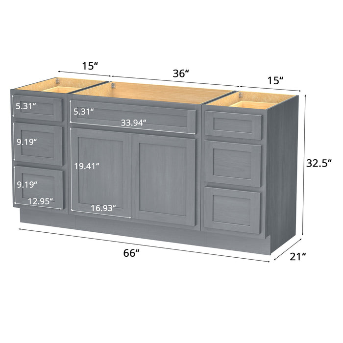 66" Modern Freestanding Oak Bathroom Vanity Base Only – Shaker Style Storage Cabinet with 6 Drawers & 2 Doors VA40153-36-153 - HomeBeyond
