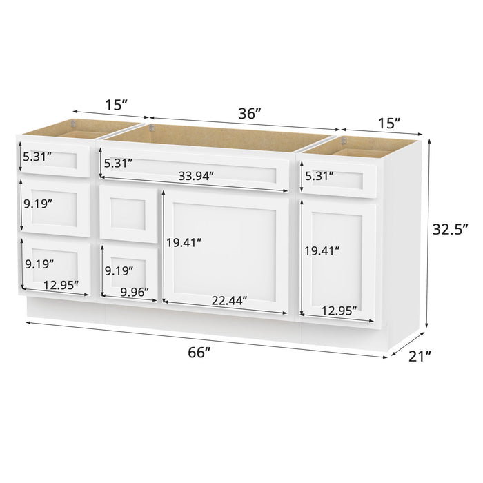 66" Modern Freestanding Oak Bathroom Vanity Base Only – Shaker Style Storage Cabinet with 6 Drawers & 2 Doors VA40153-362L-151 - HomeBeyond