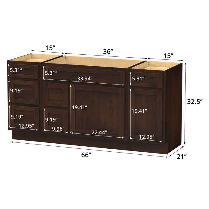 66" Modern Freestanding Oak Bathroom Vanity Base Only – Shaker Style Storage Cabinet with 6 Drawers & 2 Doors VA40153-362L-151 - HomeBeyond