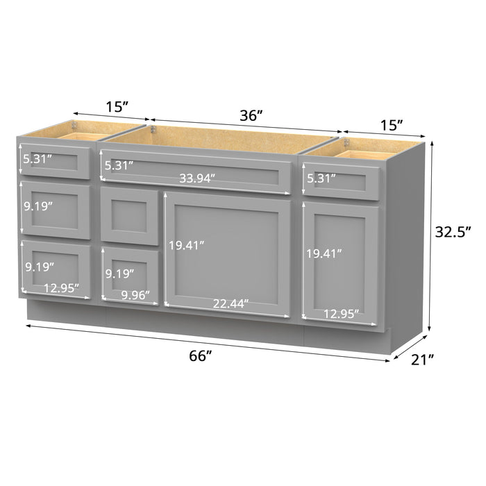 66" Modern Freestanding Oak Bathroom Vanity Base Only – Shaker Style Storage Cabinet with 6 Drawers & 2 Doors VA40153-362L-151 - HomeBeyond