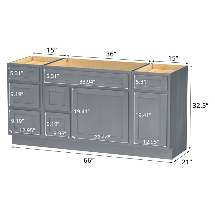 66" Modern Freestanding Oak Bathroom Vanity Base Only – Shaker Style Storage Cabinet with 6 Drawers & 2 Doors VA40153-362L-151 - HomeBeyond