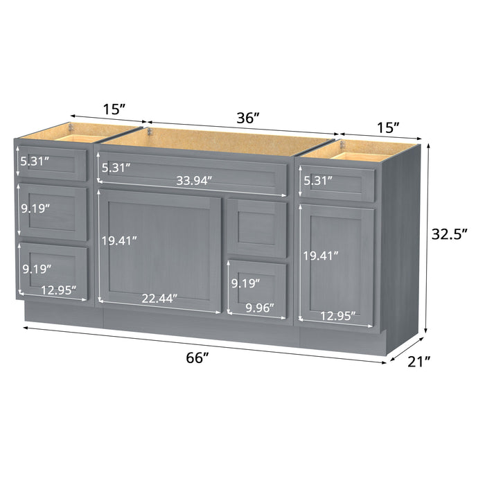 66" Modern Freestanding Oak Bathroom Vanity Base Only – Shaker Style Storage Cabinet with 6 Drawers & 2 Doors VA40153-362R-151 - HomeBeyond
