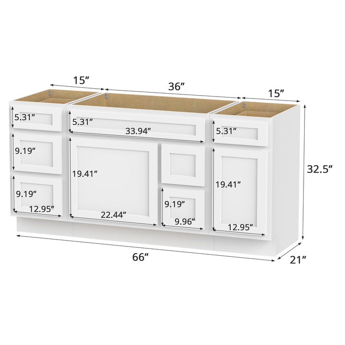 66" Modern Freestanding Oak Bathroom Vanity Base Only – Shaker Style Storage Cabinet with 6 Drawers & 2 Doors VA40153-362R-151 - HomeBeyond