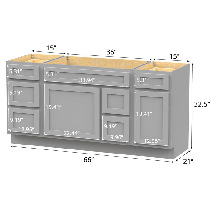 66" Modern Freestanding Oak Bathroom Vanity Base Only – Shaker Style Storage Cabinet with 6 Drawers & 2 Doors VA40153-362R-151 - HomeBeyond