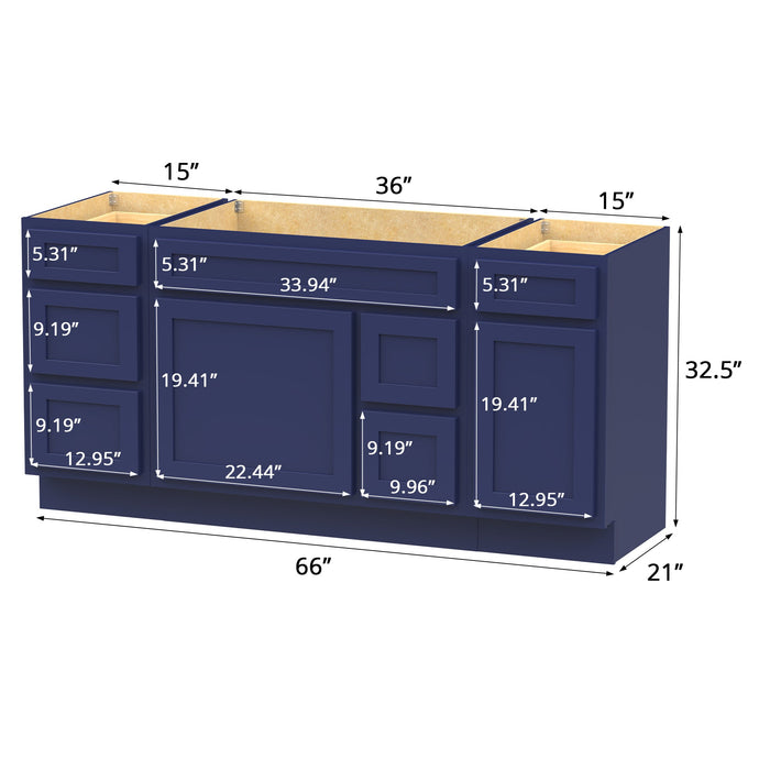 66" Modern Freestanding Oak Bathroom Vanity Base Only – Shaker Style Storage Cabinet with 6 Drawers & 2 Doors VA40153-362R-151 - HomeBeyond