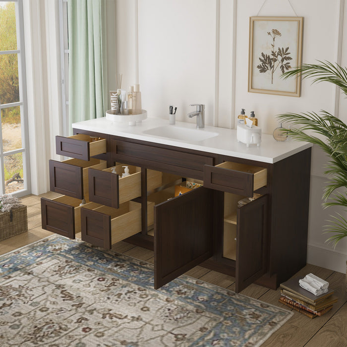 66" Oak Bathroom Vanity Cabinet without Top - 6 Drawers & 2 Doors - HomeBeyond