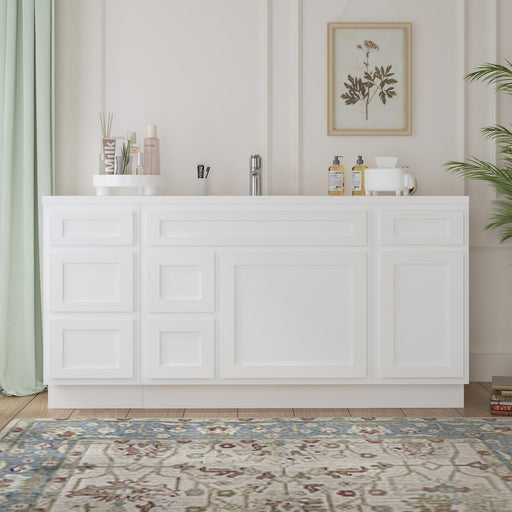 66 inch white bathroom vanity cabinet front view white countertop single sink styled bathroom