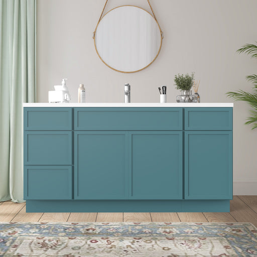 66-inch teal bathroom vanity cabinet front view with 4 drawers and 3 doors, white countertop, round mirror