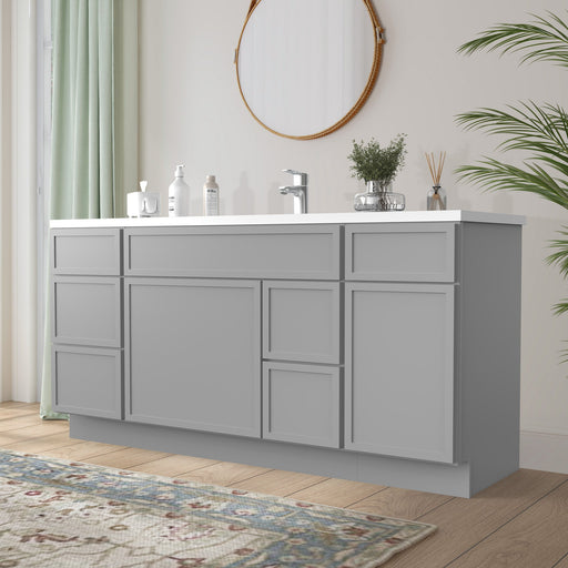 66 inch light gray bathroom vanity cabinet angled view showing right side with single sink countertop