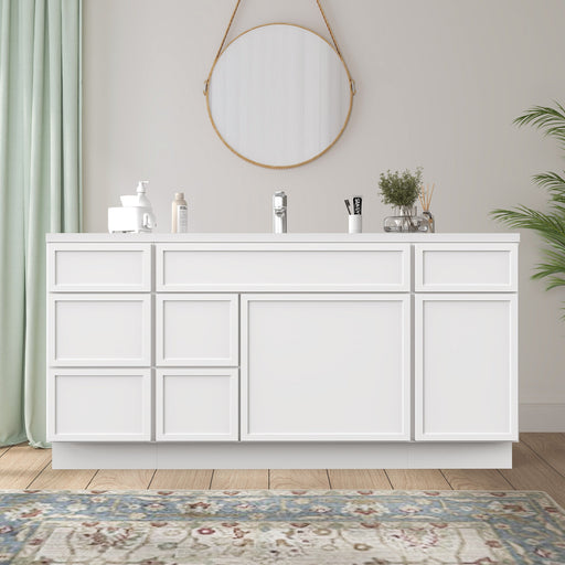 66 inch white bathroom vanity cabinet front view with white countertop and double sink styled bathroom