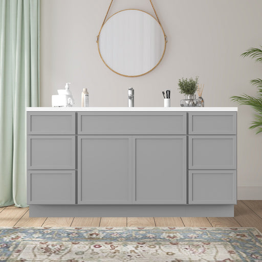 66-inch light gray bathroom vanity cabinet with 6 drawers and 2 doors front view in styled bathroom setting