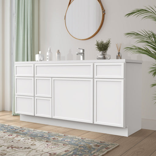 66 inch white bathroom vanity cabinet angled view with white countertop single sink and round mirror