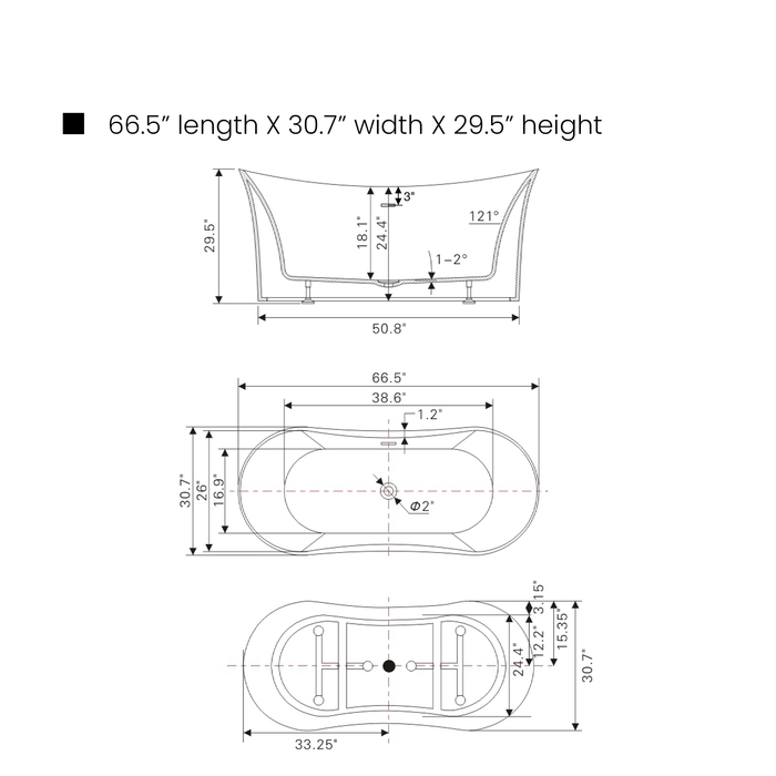 67" x 29" Freestanding Acrylic Bathtub, Modern Stand Alone Soaking Tub with Slotted Overflow and Pop-up Drain - HomeBeyond