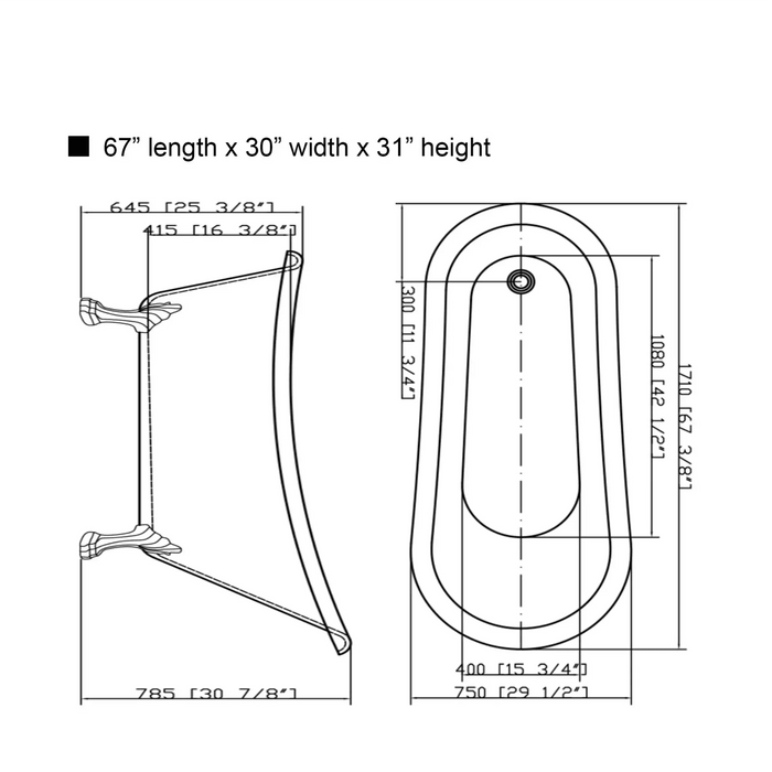 67" x 30" Freestanding Acrylic Bathtub Modern Stand Alone Soaking Tub - HomeBeyond